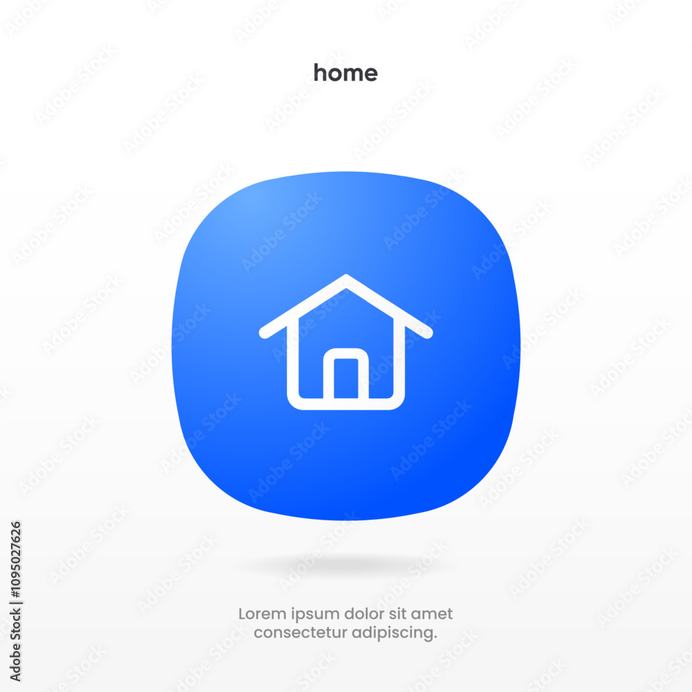 Poster Minimal modern home, homepage, base, main page, house push button icon emblem symbol, sign. 3d blue home icon. Mobile app icons. Device UI UX mockup. Isolated vector elements.