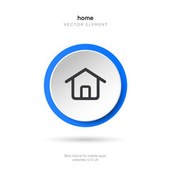 Minimal modern home, homepage, base, main page, house push button icon emblem symbol, sign. 3d blue home icon. Mobile app icons. Device UI UX mockup. Isolated vector elements.