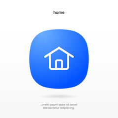 Minimal modern home, homepage, base, main page, house push button icon emblem symbol, sign. 3d blue home icon. Mobile app icons. Device UI UX mockup. Isolated vector elements.