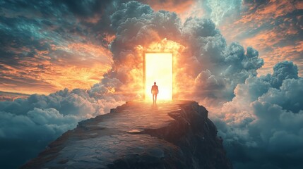 Fototapeta premium A Person Stands Before a Large Open Door at the Edge of a Cliff, Overlooking a Dramatic Landscape with Colorful Clouds and a Glowing Sunset