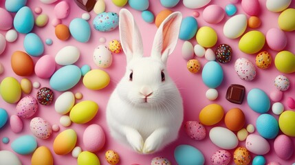 Cute White Rabbit Surrounded by Colorful Easter Eggs on a Pink Background for Spring Festivities and Celebrations