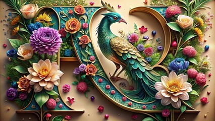 Fototapeta premium Luxurious Alphabet Set Featuring Elegant Letters Adorned with Floral Arrangements and Peacock Feathers, Perfect for Stylish Text and Writing Designs