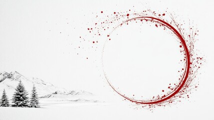 Obraz premium Abstract winter landscape with a red circular design element. Minimalist snowy scene with evergreens and mountains.