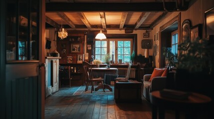 Rustic Cabin Interior with Wooden Beams and Window View