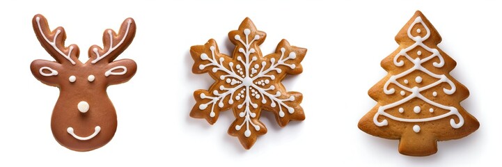 Set of festive Christmas homemade gingerbread cookies shaped as a reindeer, snowflake, and a Christmas tree. Perfect for holiday celebrations. Isolated on the white background