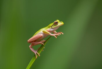 Frog balancing on a tiny leafA frog precariously balancing on a