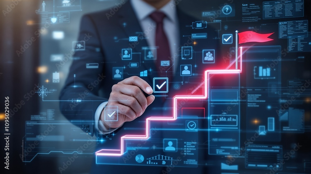 Poster Businessman Illustrating Steps to Achieve Success with Checkmarks on a Virtual Staircase Highlighting Goal Setting and Planning Strategies