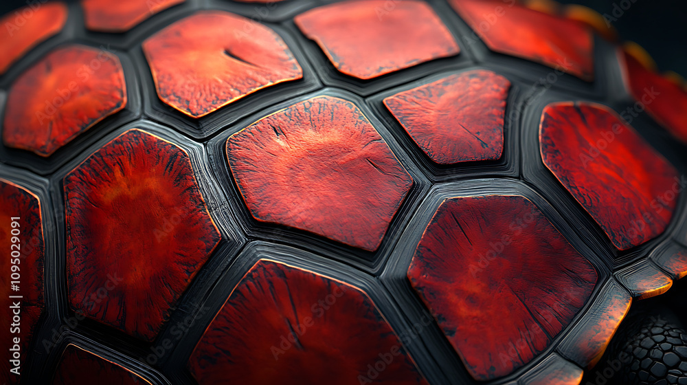 Poster close-up of a turtle shell showcasing vibrant red and black patterns.
