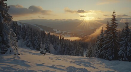 Golden sunset over a snow-covered mountain forest.