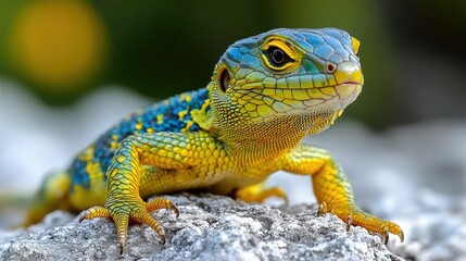 Obraz premium A vibrant lizard with blue and yellow markings rests on a rocky surface, showcasing its colors.