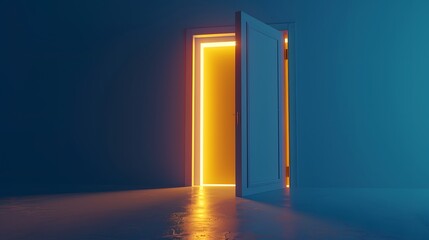 An open white door with glowing yellow light emanating from behind it. The light casts a reflection on the blue floor.
