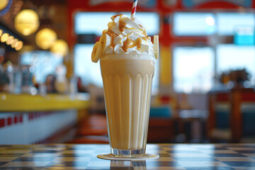 Creamy peanut butter and banana milkshake with whipped cream in retro diner, a classic vintage dessert