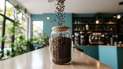 Coffee beans falling from above coffee shop food photography modern interior close-up aroma and freshness concept