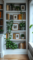 Close-up of white bookshelves adorned with plants and framed pictures, creating a cozy and stylish home interior. The bright lighting enhances the clean, minimalist aesthetic, offering a serene and or