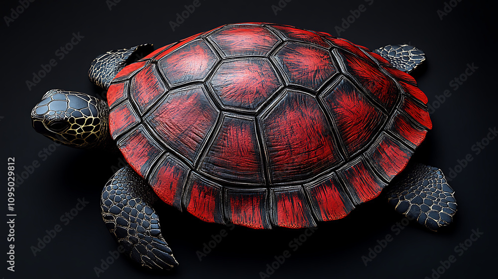 Poster a stylized turtle with a vibrant red shell and detailed textures.