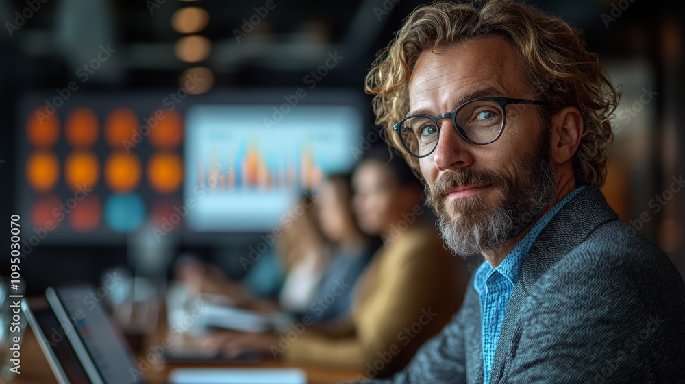 Poster professional consultant engaging in a strategic business meeting with data visualization tools and c