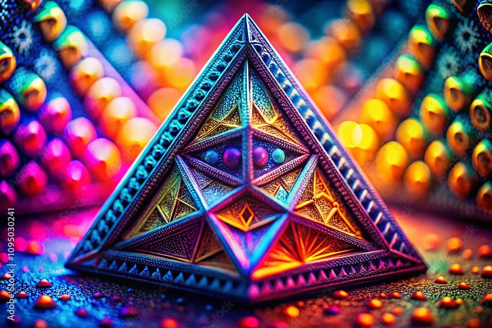 Poster macro photography of an animated triangle shape displaying vivid colors and patterns, captured with 