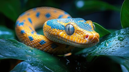 Fototapeta premium A vibrant snake resting on lush green leaves, showcasing its striking colors and patterns.