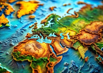 Macro Photography of an Intricate Earth Country Map Featuring Rich Textures and Colors, Showcasing Geographic Diversity in Stunning Detail for Educational and Artistic Use