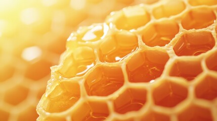 Close-up of honeycomb with golden honey, showcasing natural sweetness and structure.
