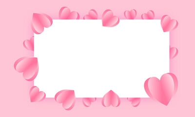 Happy Valentine's day  Beautiful paper cut white clouds with white heart frame on pink background. Vector illustration. Papercut style.