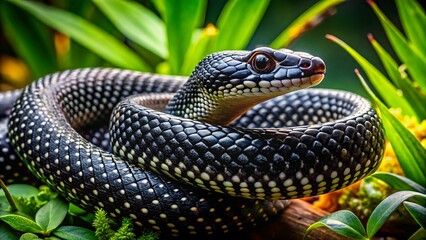Obraz premium Macro Photography of a Stunning Black Snake with White Speckles in Its Natural Habitat, Showcasing Intricate Details of Scales and Texture in a Close-Up Perspective