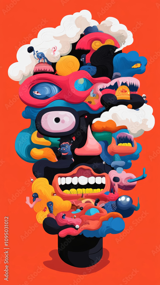Poster an abstract representation of a face composed of colorful clouds, eyes, and whimsical creatures. the