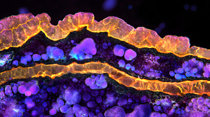 Active muscle cells under a microscope, displaying vibrant, dynamic movement. The close-up reveals intricate cellular structures and intense muscle activity, highlighting the strength and energy of mu