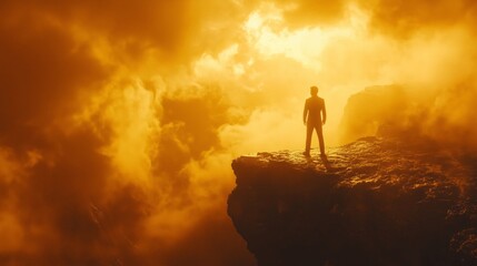 Fototapeta premium Silhouetted Businessman Standing on Cliff Against a Golden Sky, Symbolizing Success, Ambition, and Inspiration in a Dynamic Atmosphere