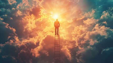 Obraz premium A solitary figure stands on a ladder ascending into a vibrant sky filled with light and clouds, symbolizing hope, ambition, and the pursuit of dreams.