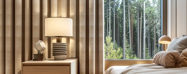 Modern home interior design of a bedroom with beige solid color curtain, nightstand and lamp,...