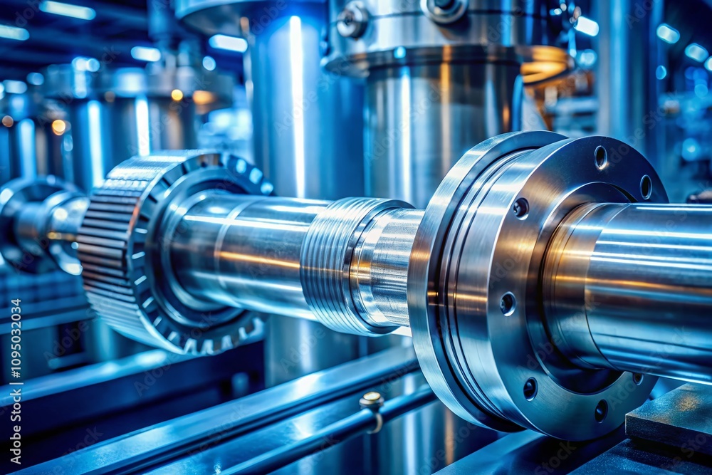 Poster macro view of high-tech industrial environment featuring cylindrical metallic component with intrica