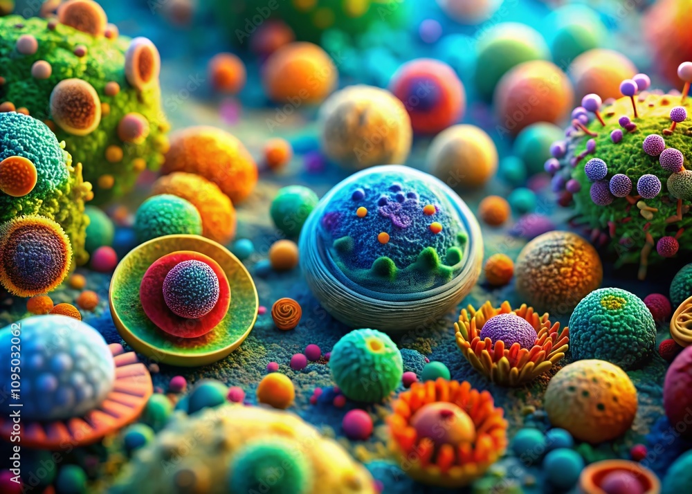 Poster magnified view of animal 3d cells in a tilt-shift perspective, showcasing intricate structures and v