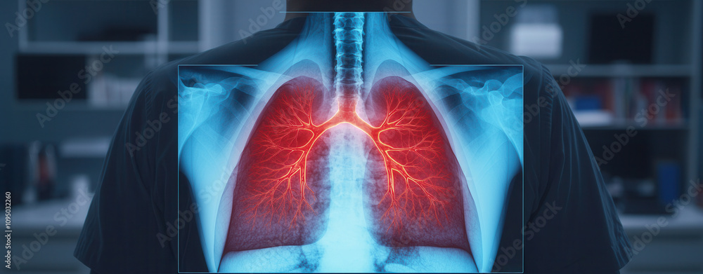 Poster artificial intelligence in medical detection. x ray image highlighting lung abnormalities with detai