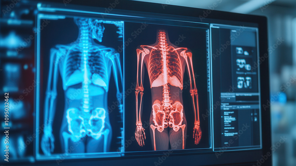 Poster artificial intelligence in medical detection. x ray images of human skeletons displayed on computer 