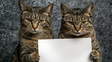 Two playful cats holding a blank sign indoor studio setup animal photography close-up view feline expressions
