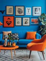 Modern Living Room With Blue Sofa Orange Accents And Artwork