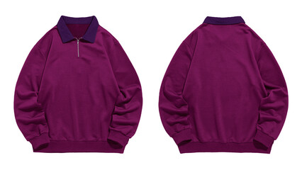 Purple longsleeved sweatshirt has contrasting collar and halfzip. © resource image