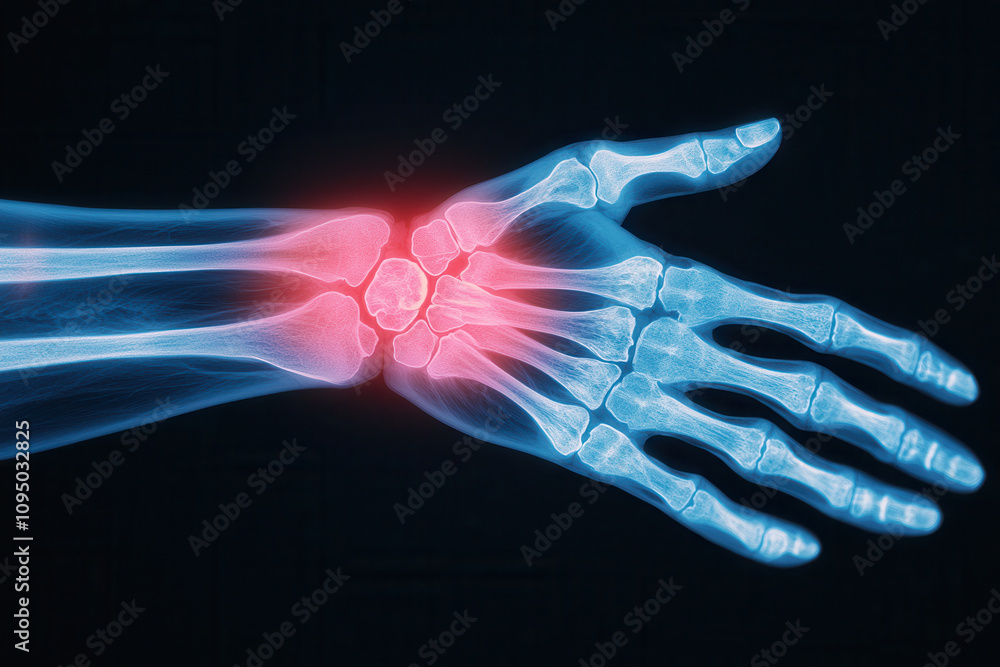 Poster artificial intelligence in medical detection. x ray image of human wrist showing fracture with highl