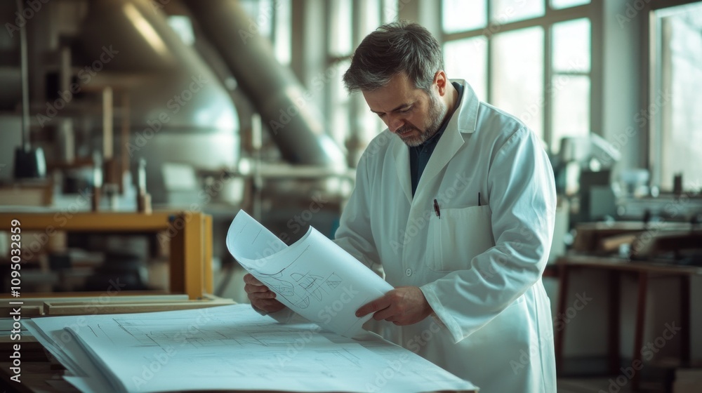 Aufkleber a man in a white lab coat examining architectural drawings in a workshop