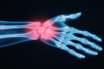 Artificial intelligence in medical detection. X ray image of human wrist showing fracture with highlighted pain area. This visual aids in understanding wrist injuries and diagnostics