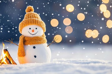 Fototapeta premium Cheerful snowman wearing a hat in a snowy landscape with soft glowing lights.