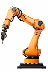 Orange robotic arm isolated on white background.