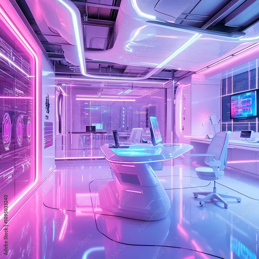 Poster Futuristic workspace design tech hub digital innovation modern environment high-tech viewpoint creativity and productivity