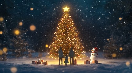 Family Standing Before A Lit Christmas Tree In The Snow