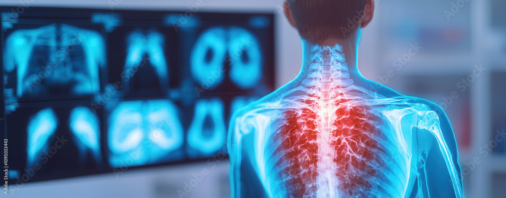 Poster artificial intelligence in medical detection. medical professional examines advanced diagnostic syst