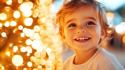 A young toddler with blonde hair smiles brightly, illuminated by warm, golden bokeh lights. Pure joy captured in a festive setting.