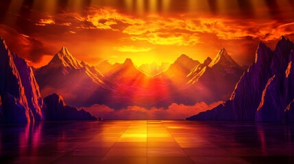 Dramatic stage background with breathtaking mountain scenery, golden sunset visuals blending orange, red, and purple hues, creating a stunning atmosphere for a powerful performance