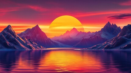 Dramatic stage background with breathtaking mountain scenery, golden sunset visuals blending orange, red, and purple hues, creating a stunning atmosphere for a powerful performance