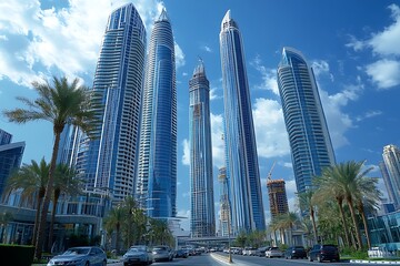 Obraz premium Backlit Businessman, Modern City Skyscrapers, Palm Trees, Depth of Field